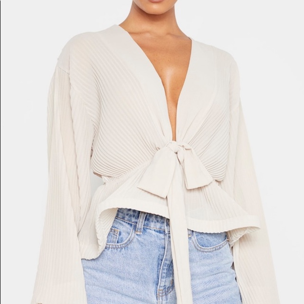 Nude chiffon pleated flounced hem blouse one size